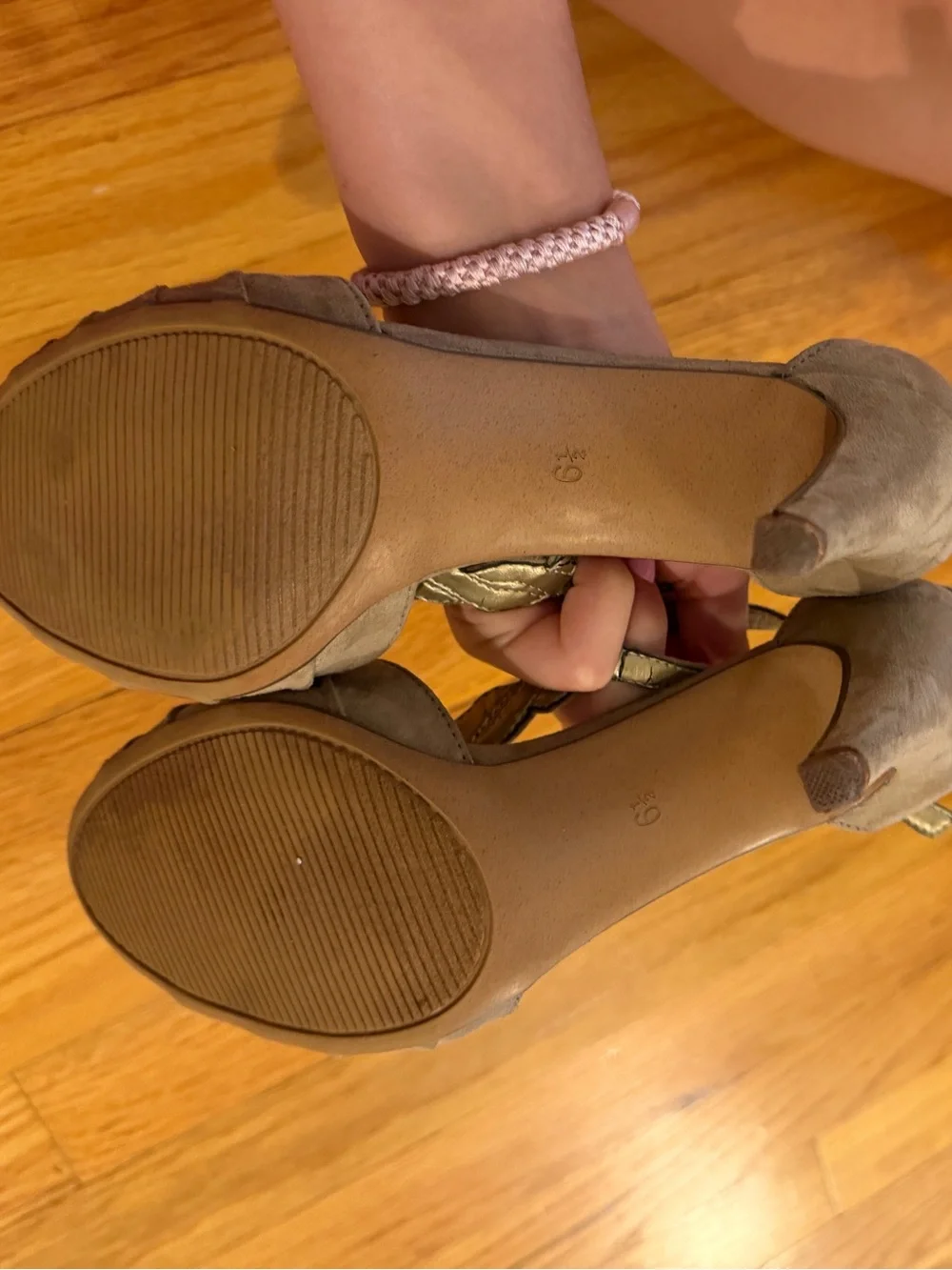 Kelly & Katie Taupe Suede T-Strap Heeled Sandals